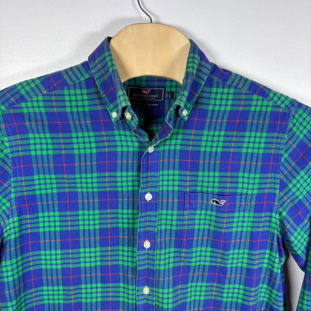 Vineyard Vines Slim Fit Tucker Shirt Mens Large Blue Green Plaid Button Down‎ L